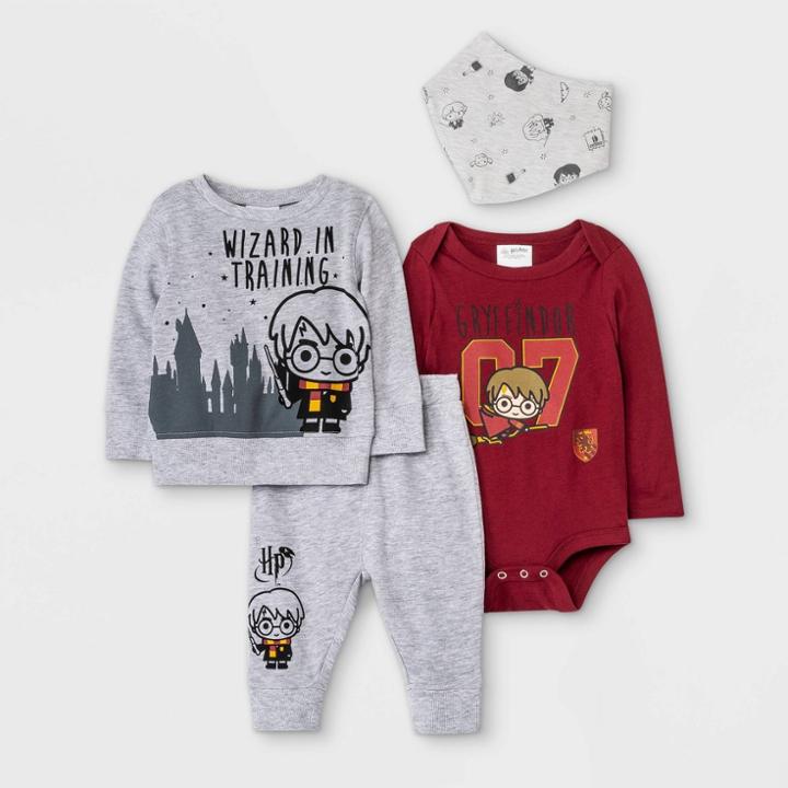 Baby Boys' 4pk Harry Potter Long Sleeve Fleece Top And Bottom Set - Gray Newborn