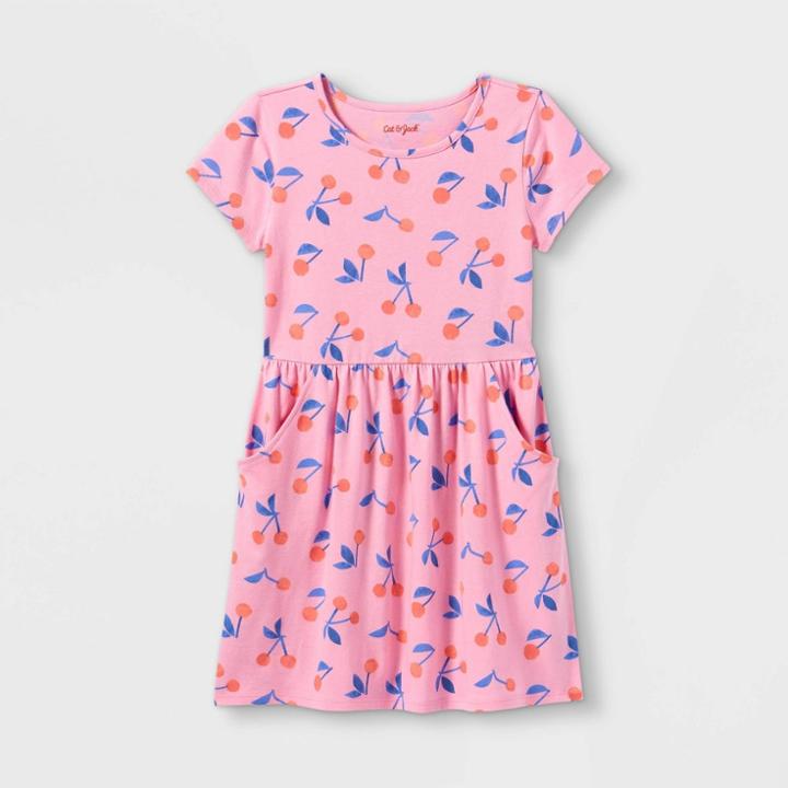 Girls' Printed Short Sleeve Knit Dress - Cat & Jack Medium Pink