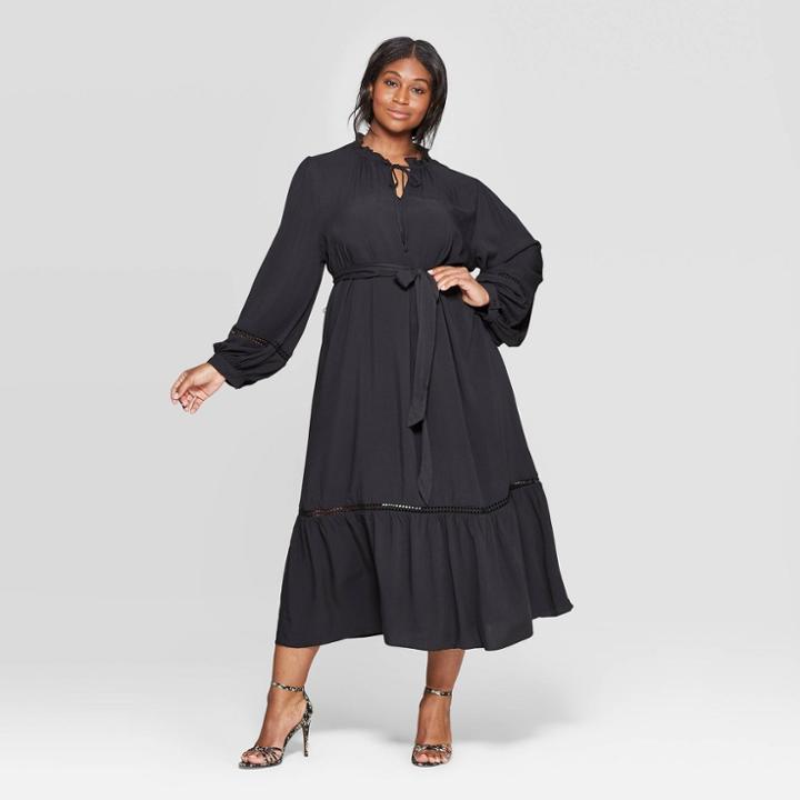 Women's Plus Size V-neck Full Sleeve Trim Maxi Dress - Who What Wear Jet Black