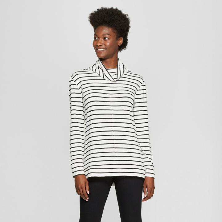 Women's Striped Long Sleeve Cozy Cowl Neck Top - A New Day Cream/black