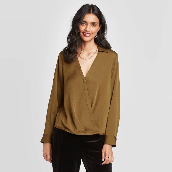 Women's Long Sleeve V-neck Satin Top - A New Day Green