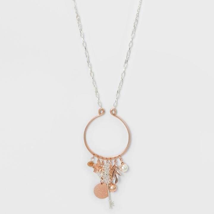 U Shaped Pendant And Hanging Charms Long Necklace - A New Day Silver/rose Gold