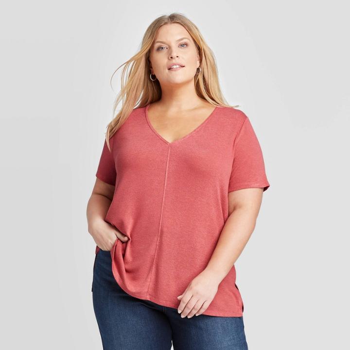 Women's Plus Size Short Sleeve V-neck Slit T-shirt - Ava & Viv Pink X, Women's