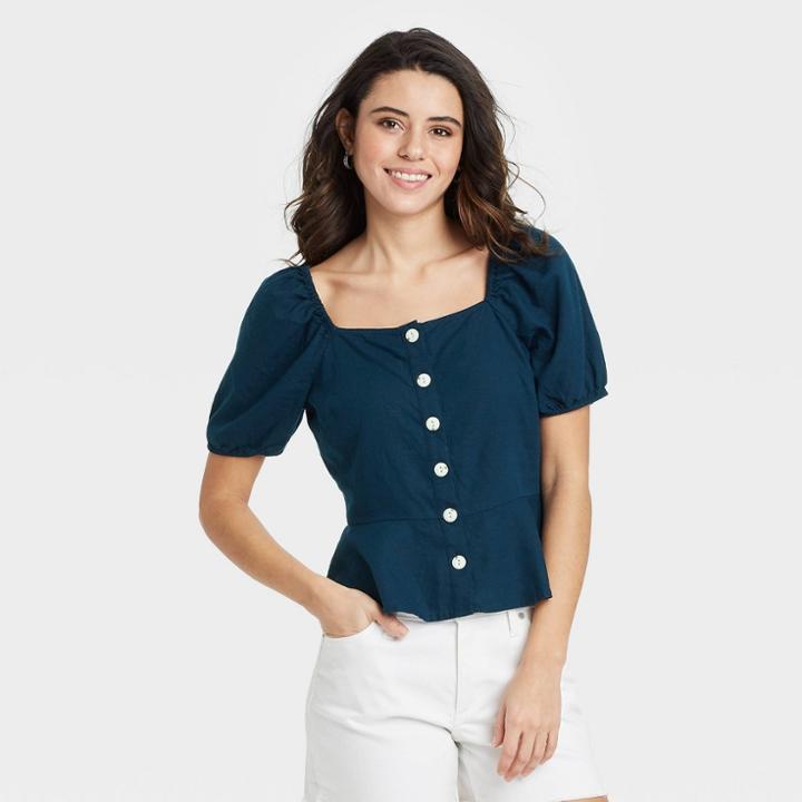 Women's Puff Short Sleeve Peplum Blouse - Universal Thread Navy