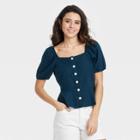 Women's Puff Short Sleeve Peplum Blouse - Universal Thread Navy