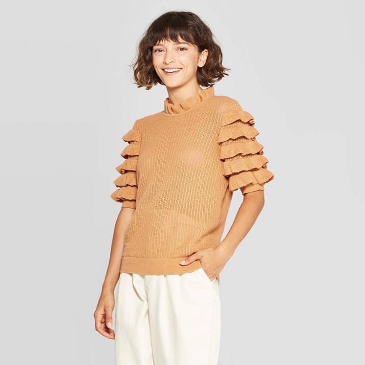 Women's Tiered Ruffle Elbow Sleeve Crewneck Pullover Sweater - Who What Wear Brown
