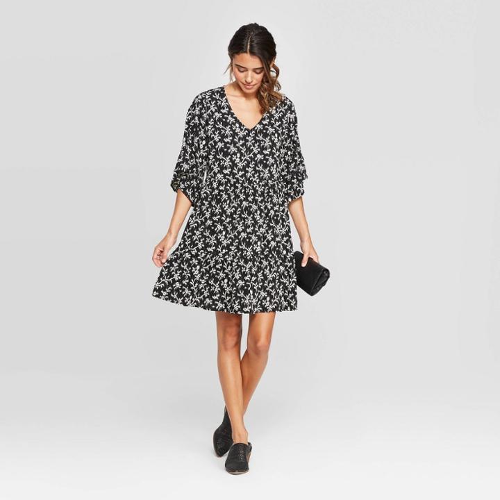 Target Women's Floral Print Flutter Short Sleeve V-neck Mini Tiered Baby Doll Dress - Universal Thread Black
