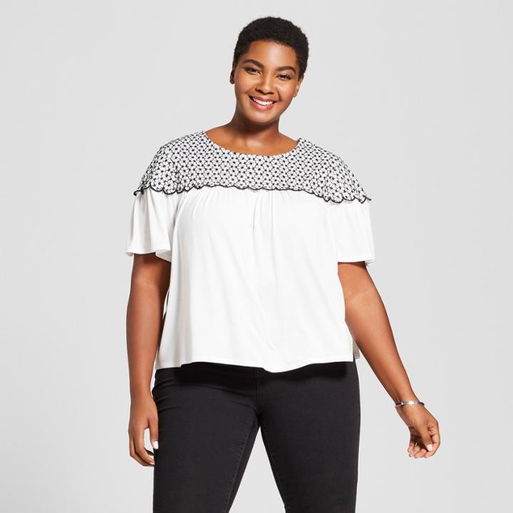 Women's Plus Size Short Sleeve T-shirt With Crochet Detail - Ava & Viv White X