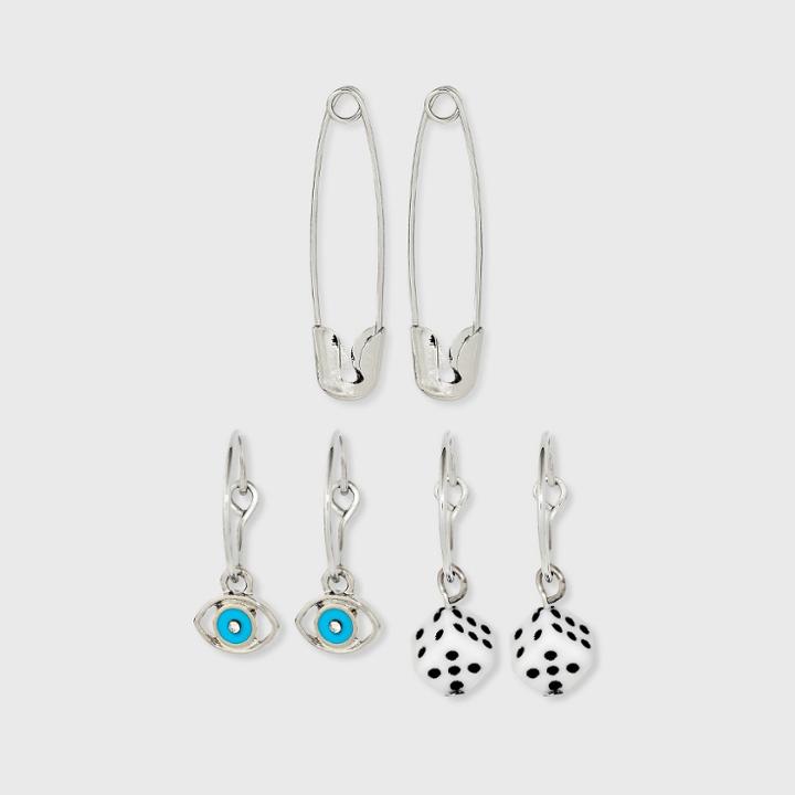Evil Eye Dice And Safety Pin Hoop Trio Earring Set - Wild Fable Metallic
