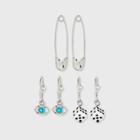 Evil Eye Dice And Safety Pin Hoop Trio Earring Set - Wild Fable Metallic