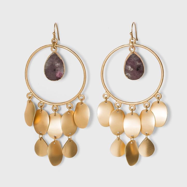 Semi-precious Lilac Lepidolite Stone And Matte Gold Discs Drop Statement Earrings - Universal Thread