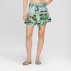 Women's Jurassic Park Tropical Print Tie Waist Shorts (juniors') Green/white Xl,
