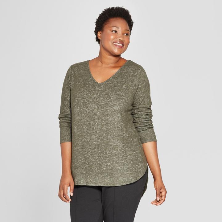 Women's Plus Size Cozy Long Sleeve V-neck Pullover - Ava & Viv Heather Olive