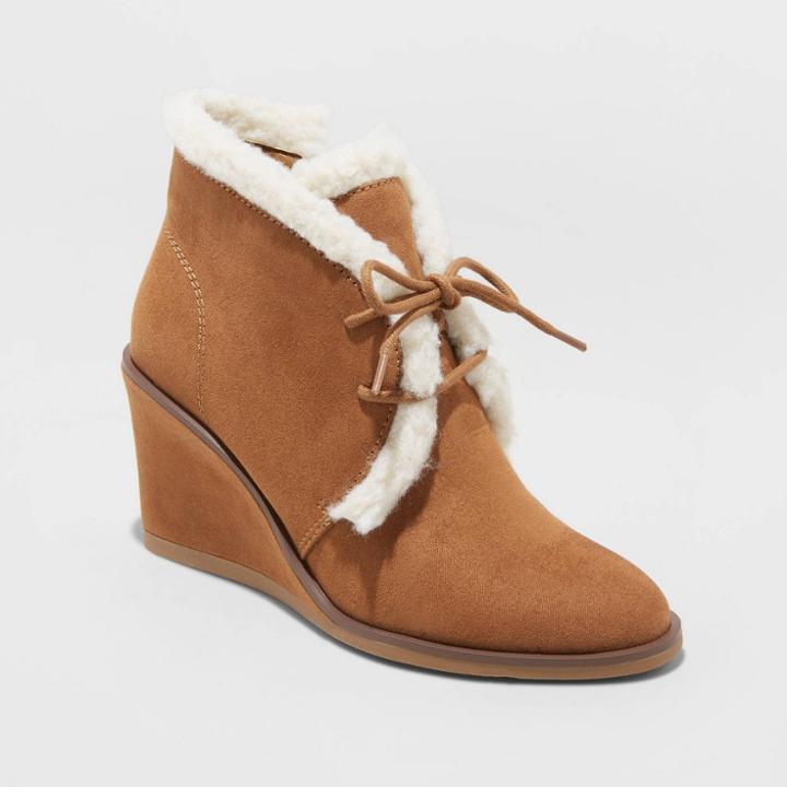 Women's Heather Faux Sherpa Wedge Fashion Boots - Universal Thread Cognac