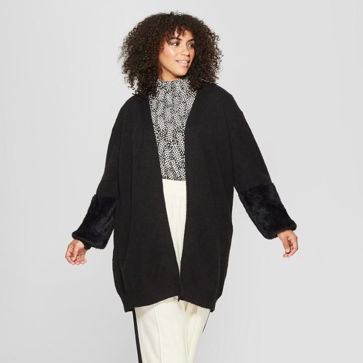 Women's Plus Size Long Faux Fur Blocked Sleeve Cardigan - Who What Wear Black