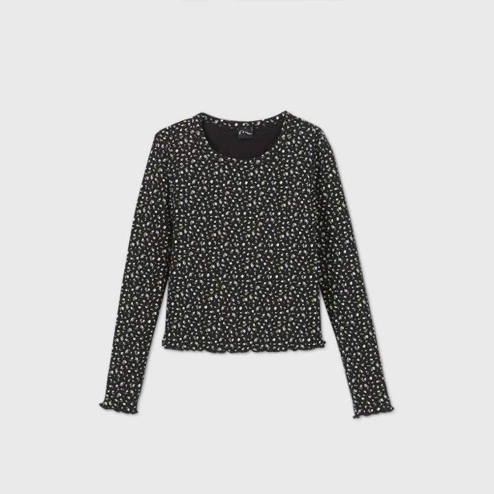 Girls' Lettuce Edge Crew Neck Long Sleeve T-shirt - Art Class Black