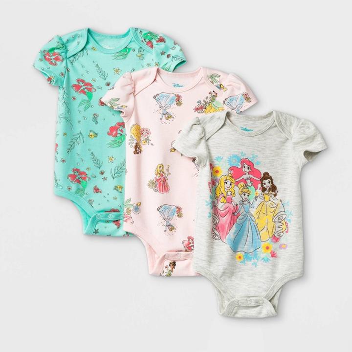 Baby Girls' 3pk Disney Princess Short Sleeve Bodysuit - Newborn, Gray/green/pink