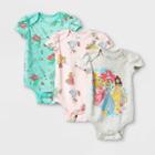Baby Girls' 3pk Disney Princess Short Sleeve Bodysuit - Newborn, Gray/green/pink