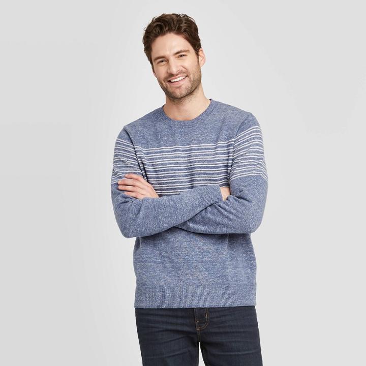 Men's Striped Standard Fit Light Weight Crew Neck Sweater - Goodfellow & Co Blue S, Men's,