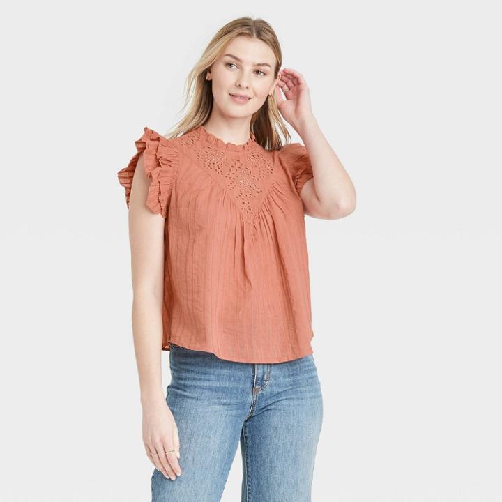 Women's Ruffle Sleeveless Eyelet Blouse - Universal Thread Brown