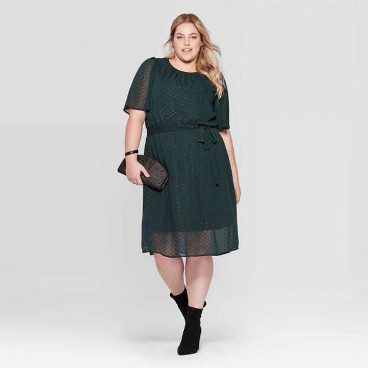 Women's Plus Size Clipspot Flutter Short Sleeve Scoop Neck Dress - Ava & Viv Dark Green X, Women's
