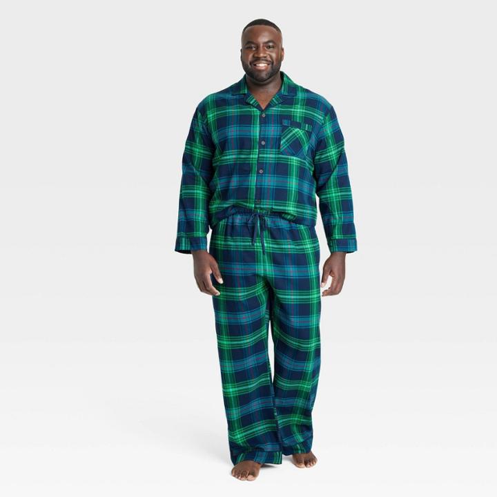 Men's Big & Tall Holiday Tartan Plaid Flannel Matching Family Pajama Set - Wondershop Blue