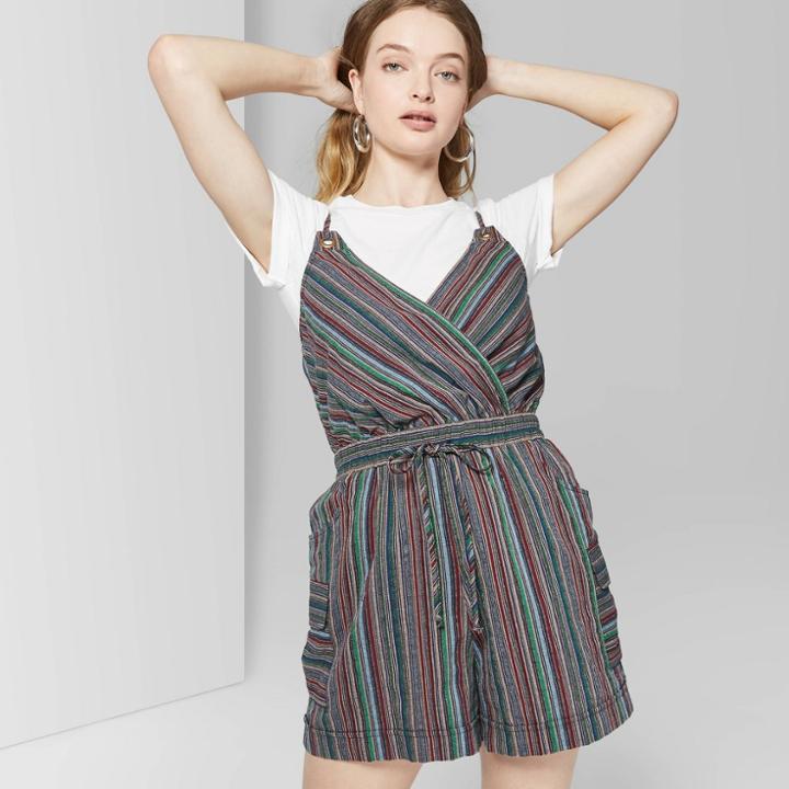 Women's Striped Sleeveless V-neck Strappy Romper With Pockets - Wild Fable Navy/green