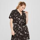 Women's Jurassic Park Plus Size Short Sleeve Fossil Print Tie Front Cropped Blouse (juniors') Black
