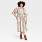 Women's Plus Size Gingham Long Sleeve High Cuff Shirtdress - A New Day Cream