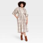 Women's Plus Size Gingham Long Sleeve High Cuff Shirtdress - A New Day Cream