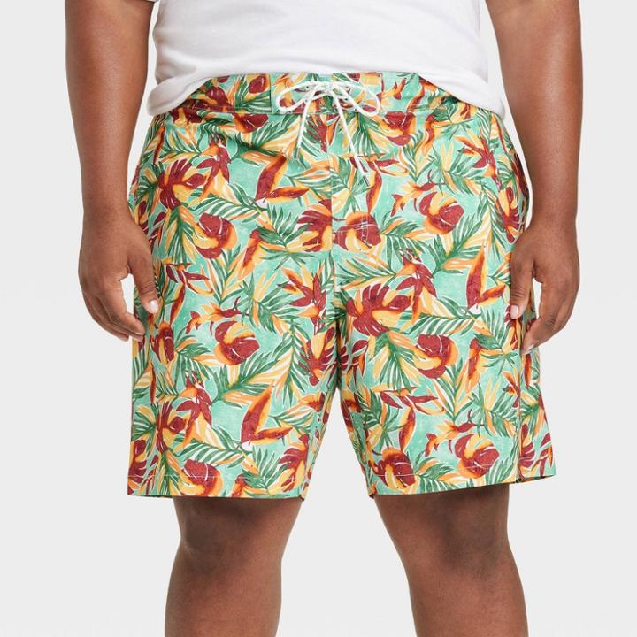 Men's Big & Tall 9 Leaf Print E-board Swim Shorts - Goodfellow & Co Green/red