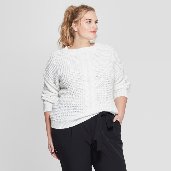 Plus Size Women's Plus Long Sleeve Placed Cable Pullover Sweater - Ava & Viv Cream (ivory)