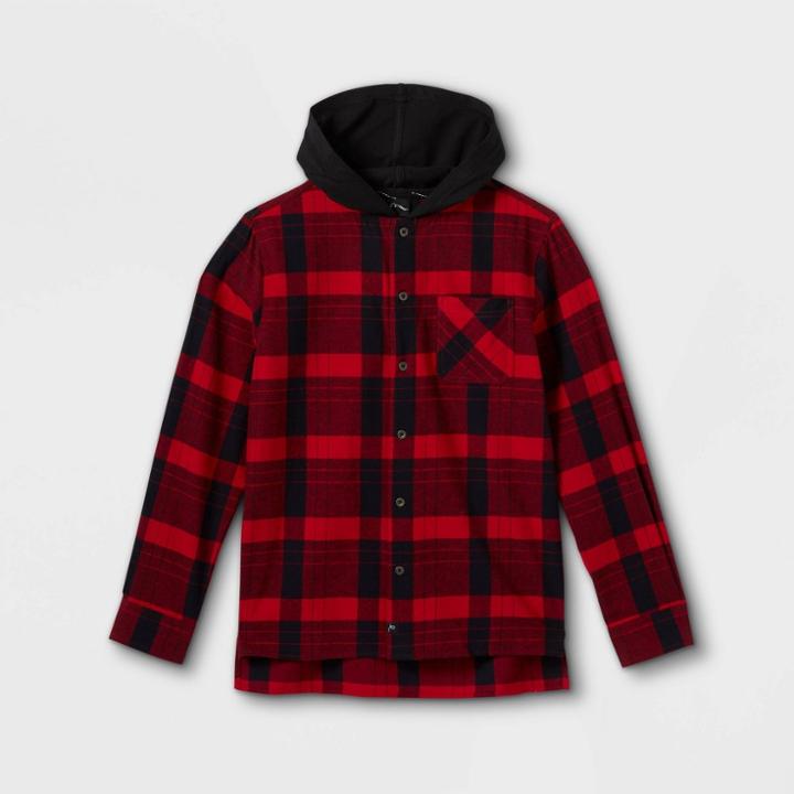 Boys' Flannel Hooded Long Sleeve Button-down Shirt - Art Class Red