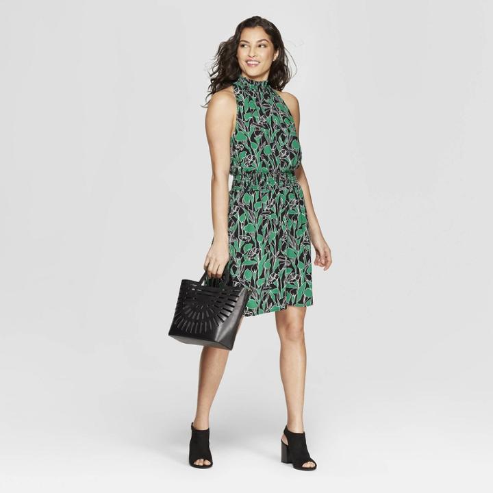 Women's Floral Print Sleeveless Halter Neck Dress - A New Day Black/green
