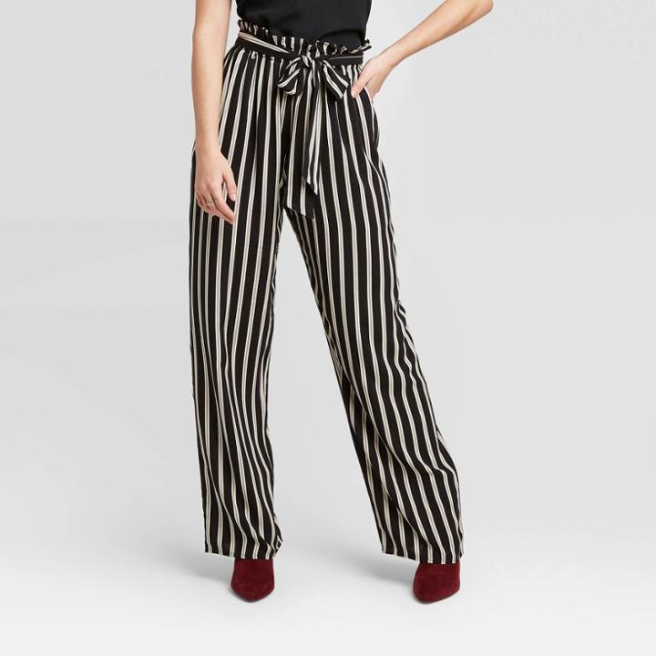 Women's Striped Mid-rise Belted Paperbag Wide Leg Waist Pants - Xhilaration Black/white