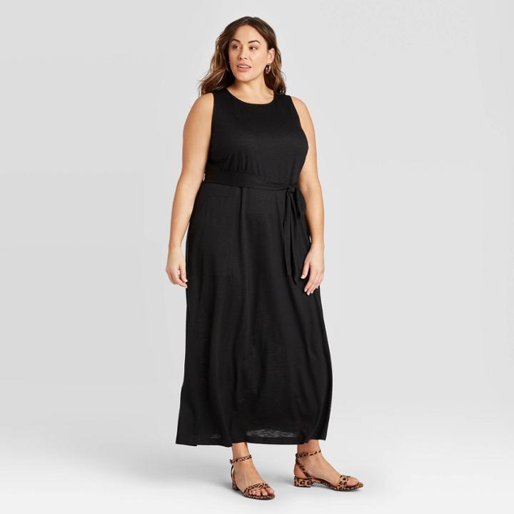Women's Plus Size Short Sleeve Belted Knit Maxi Dress - Ava & Viv Black X, Women's