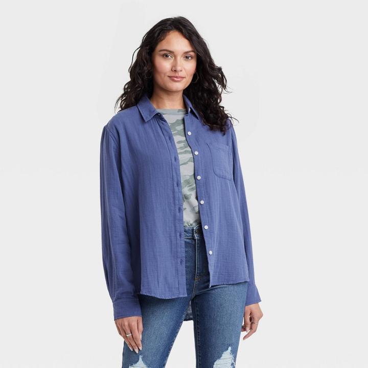 Women's Long Sleeve Relaxed Fit Gauze Button-down Shirt - Universal Thread Navy Blue