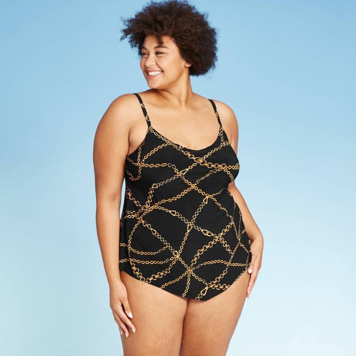 Women's Plus Size Drape Neck Tankini Top - Aqua Green Black