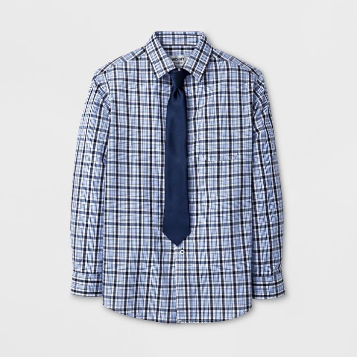 Wd·ny Black Boys' Long Sleeve Plaid Button-down Shirt With Tie Blue/navy S - Wd.ny Black