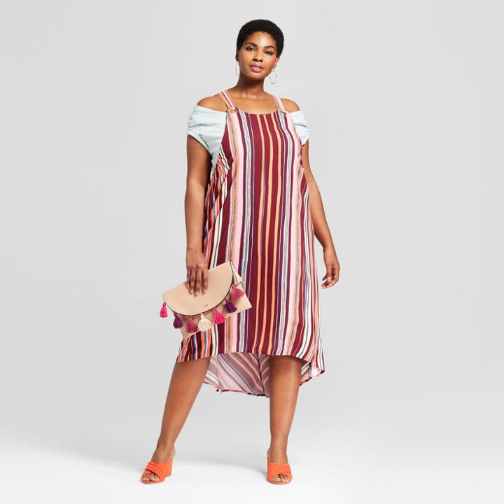 Women's Plus Size Striped High-low Tie Back Dress - Ava & Viv Pink