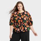 Women's Plus Size Balloon Elbow Sleeve Popover Blouse - Who What Wear Black Floral