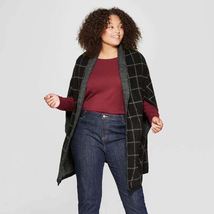 Women's Plus Size Plaid Knit Cape Scarf - A New Day Black,