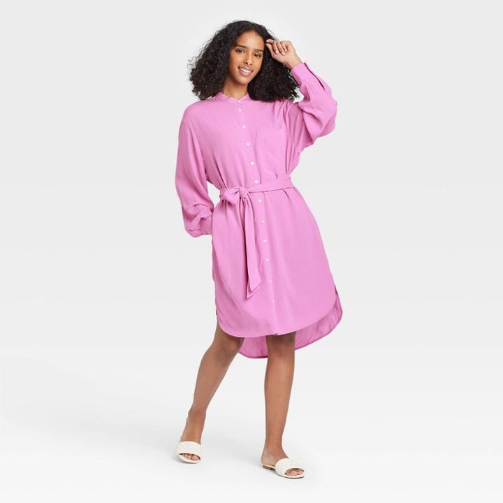 Women's Long Sleeve Tie Waist Shirtdress - A New Day Orchid