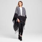 Women's Ruana Wrap With Print And Fringe Black - Sylvia Alexander,