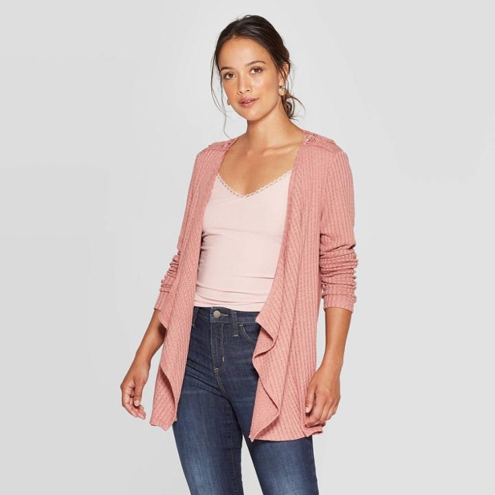 Women's Long Sleeve Open Front Crochet Backing Jacket - Knox Rose Pink
