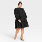 Women's Plus Size Long Sleeve Shirtdress - A New Day Black Polka Dot