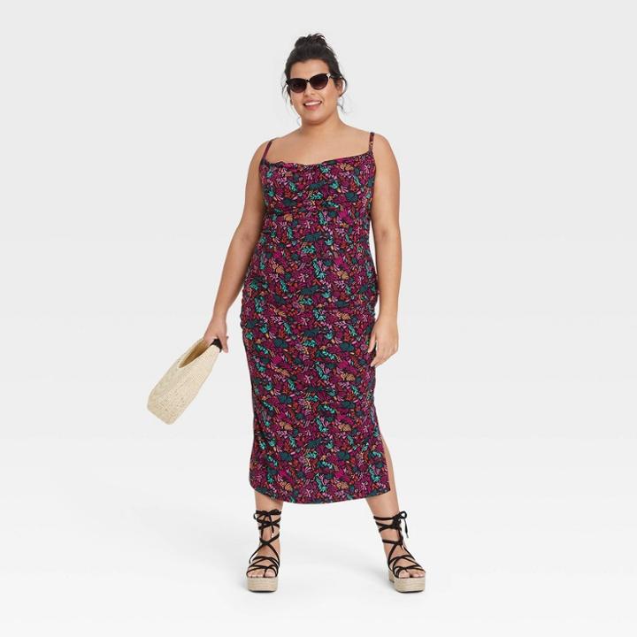 Women's Plus Size Sleeveless Ruched Mesh Dress - Ava & Viv Black Floral X