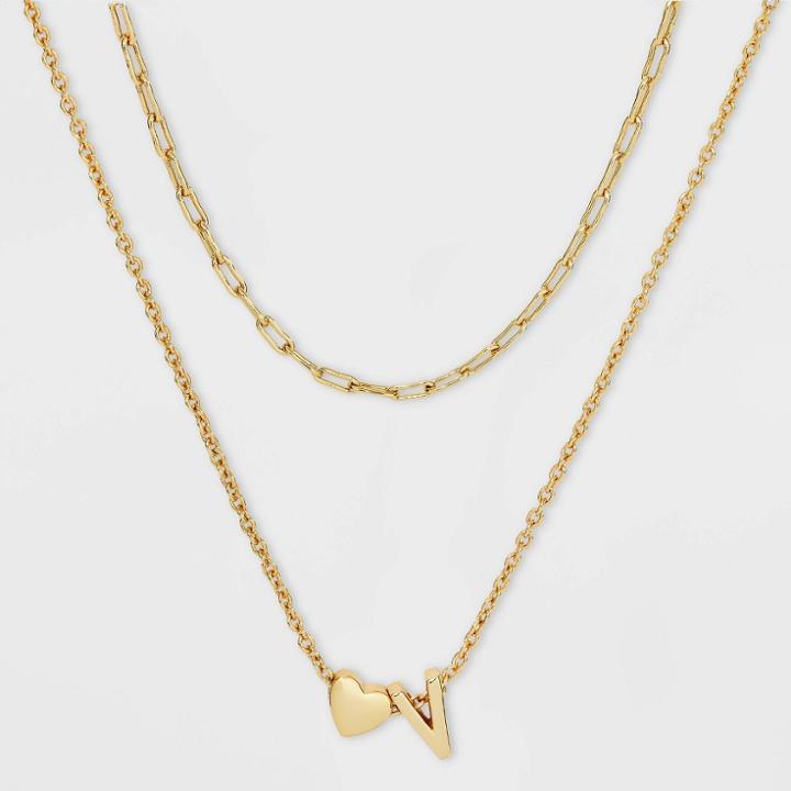 14k Gold Dipped 'v' Initial With Heart Chain Necklace - A New Day Gold