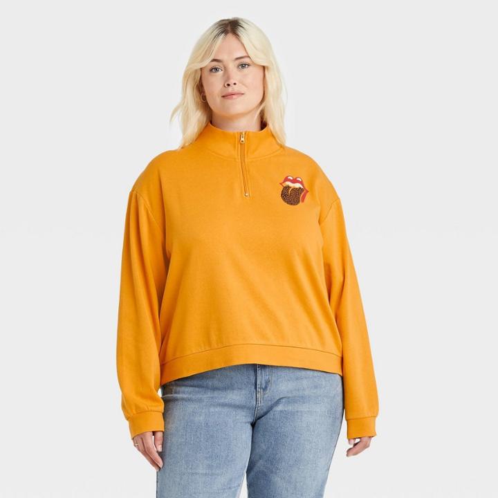 Women's The Rolling Stones Plus Size Quarter Zip-up Graphic Sweatshirt - Mustard