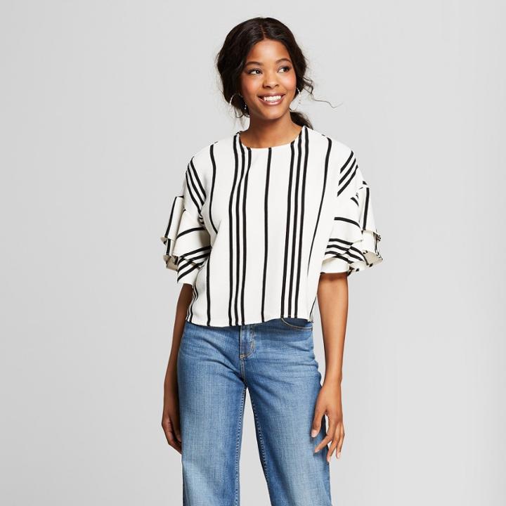 Women's Ruffle Sleeve Striped Top - Grayson Threads (juniors') Black/white